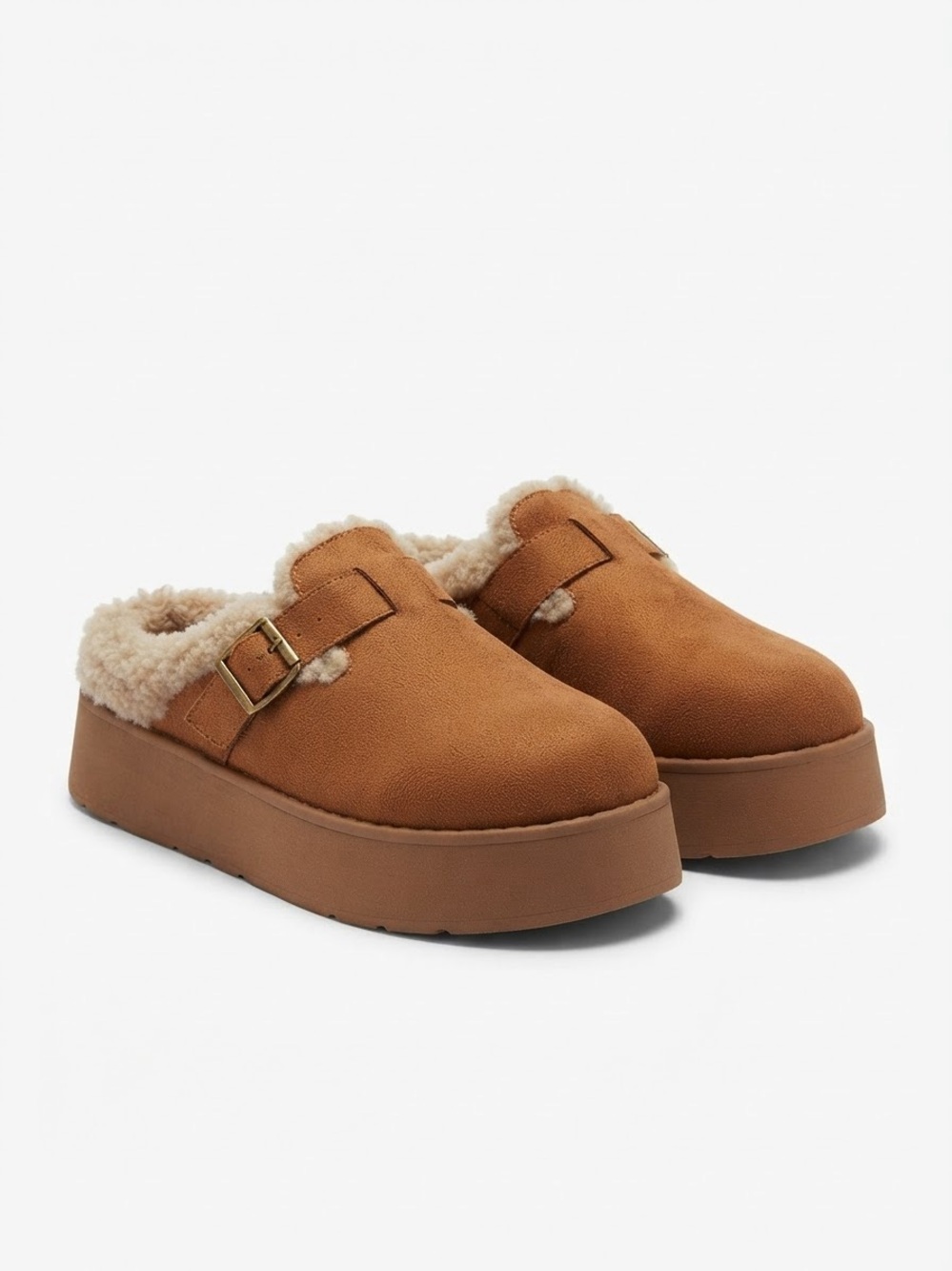 SHEIN Chestnut Faux-Suede Shearling Platform Clogs